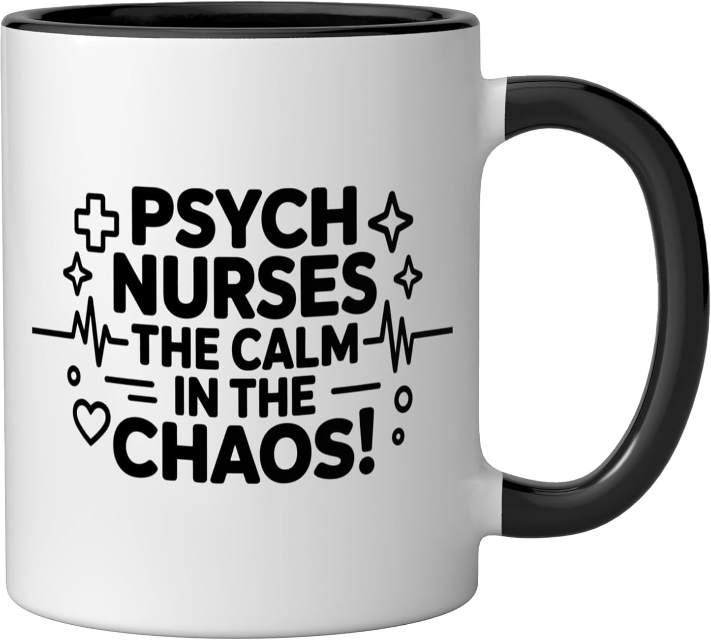 Taza cerámica para enfermeras psiquiátricas en negro y blanco