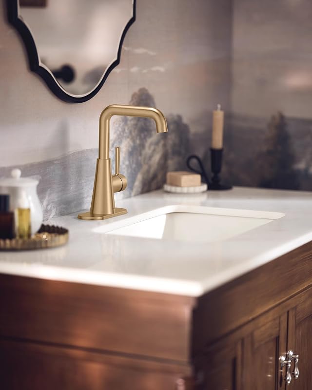 Grifo lavabo baño oro bronce doble curva con placa