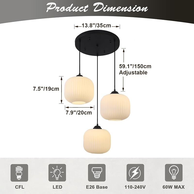 Lámpara colgante 3 luces vidrio leche negro sala