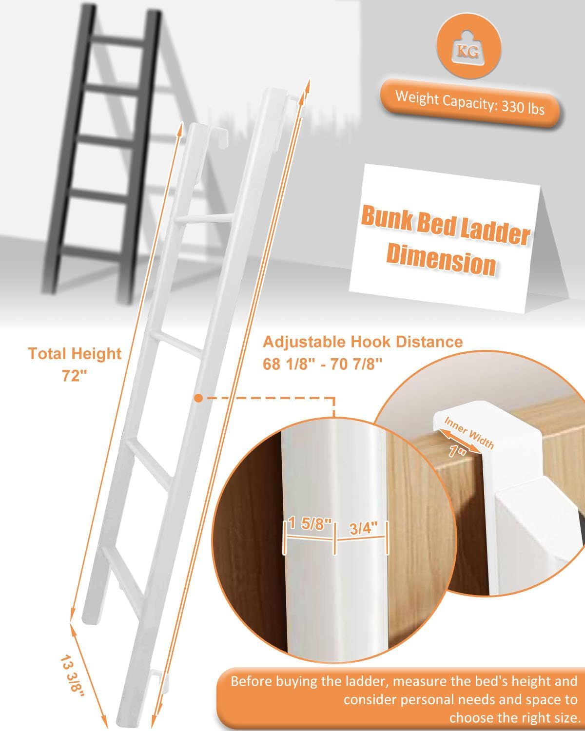 Escalera litera acero 50/60/72pulg con ganchos antiderrap