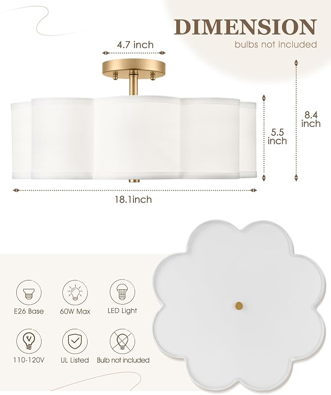 Lámpara techo 4 luces 18" pantalla tela flor estilo granja
