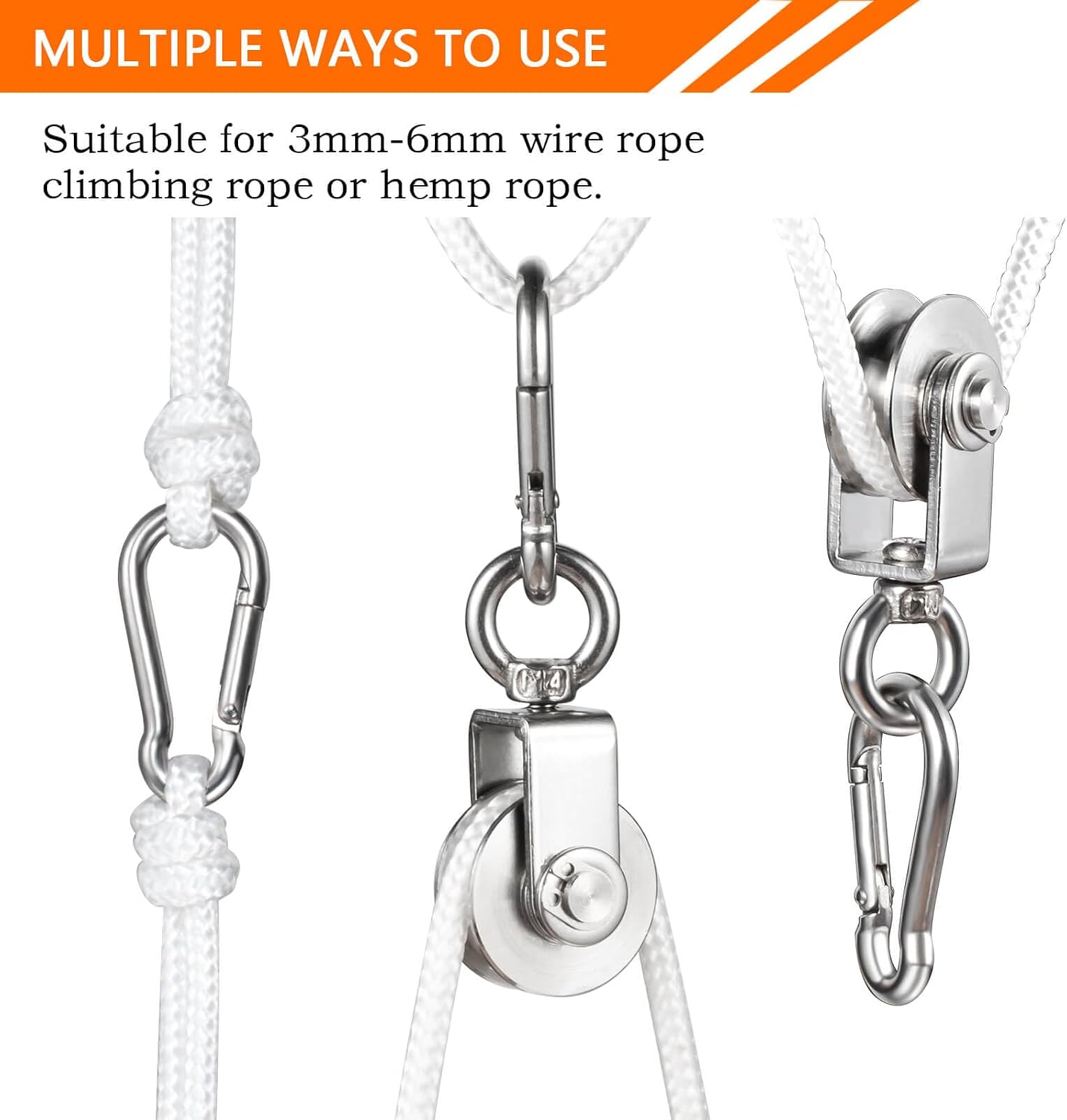 Polea acero inox M25 cuerda nailon 65.6ft clips