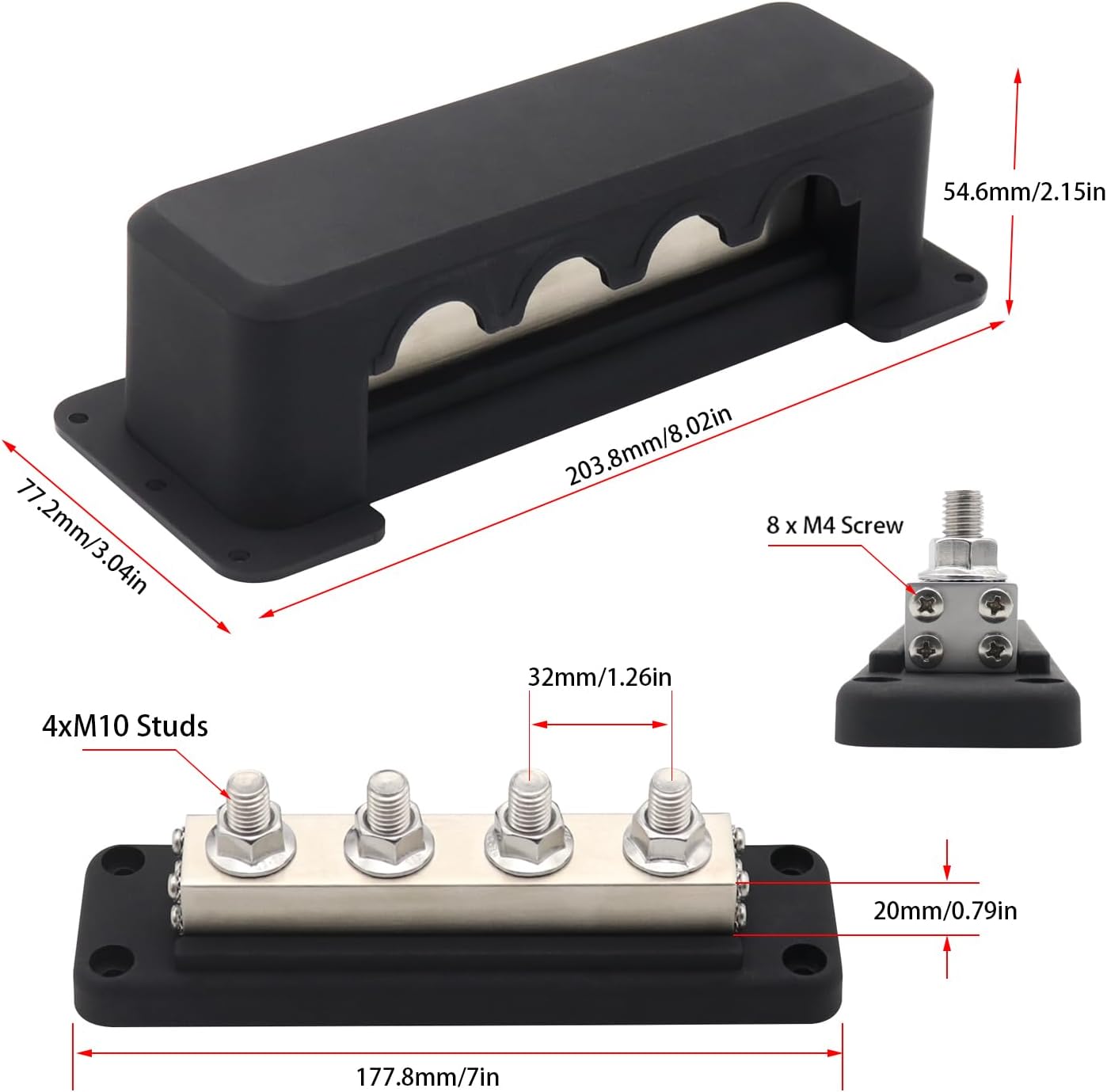Barra colectora cobre 600A 4 terminales 3/8" 12V 24V