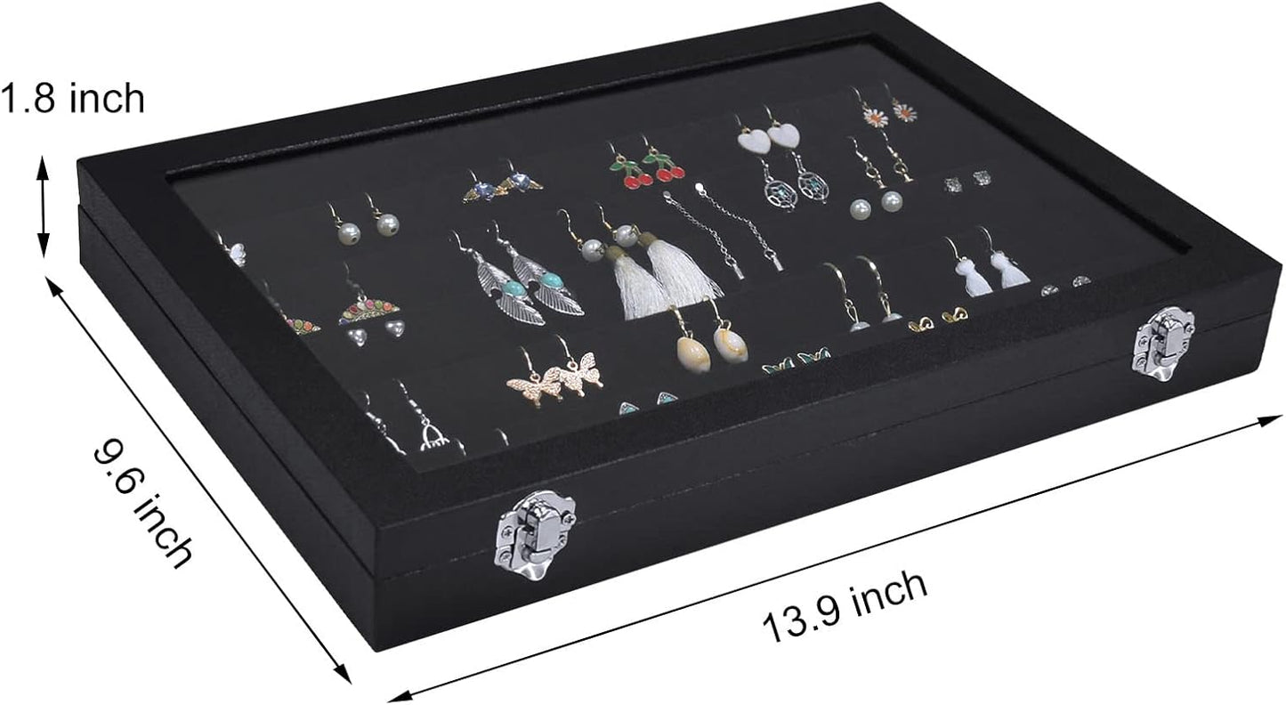 Bandeja terciopelo aretes 110 ranuras cubierta vidrio negro
