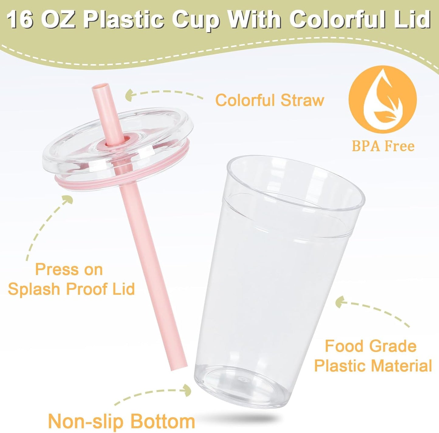 6 Pzas Vaso Acrílico 16oz con Popote Reutiliz. Sin BPA