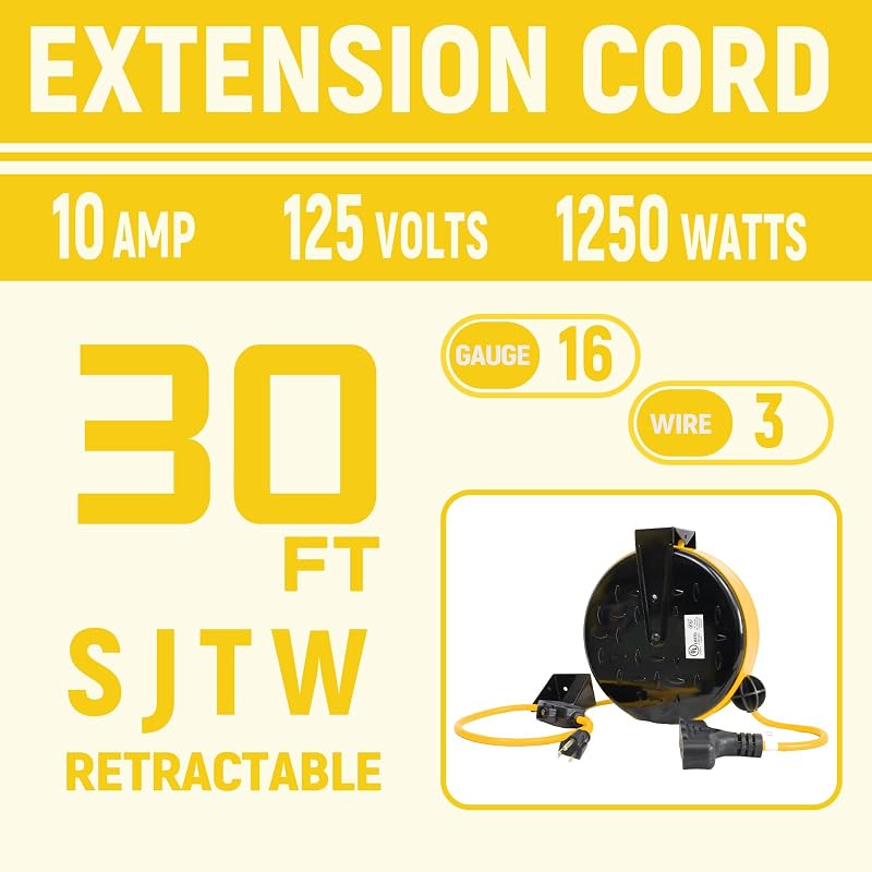 Carrete cable extensión retráctil 30ft 16/3 SJTW 3 tomas