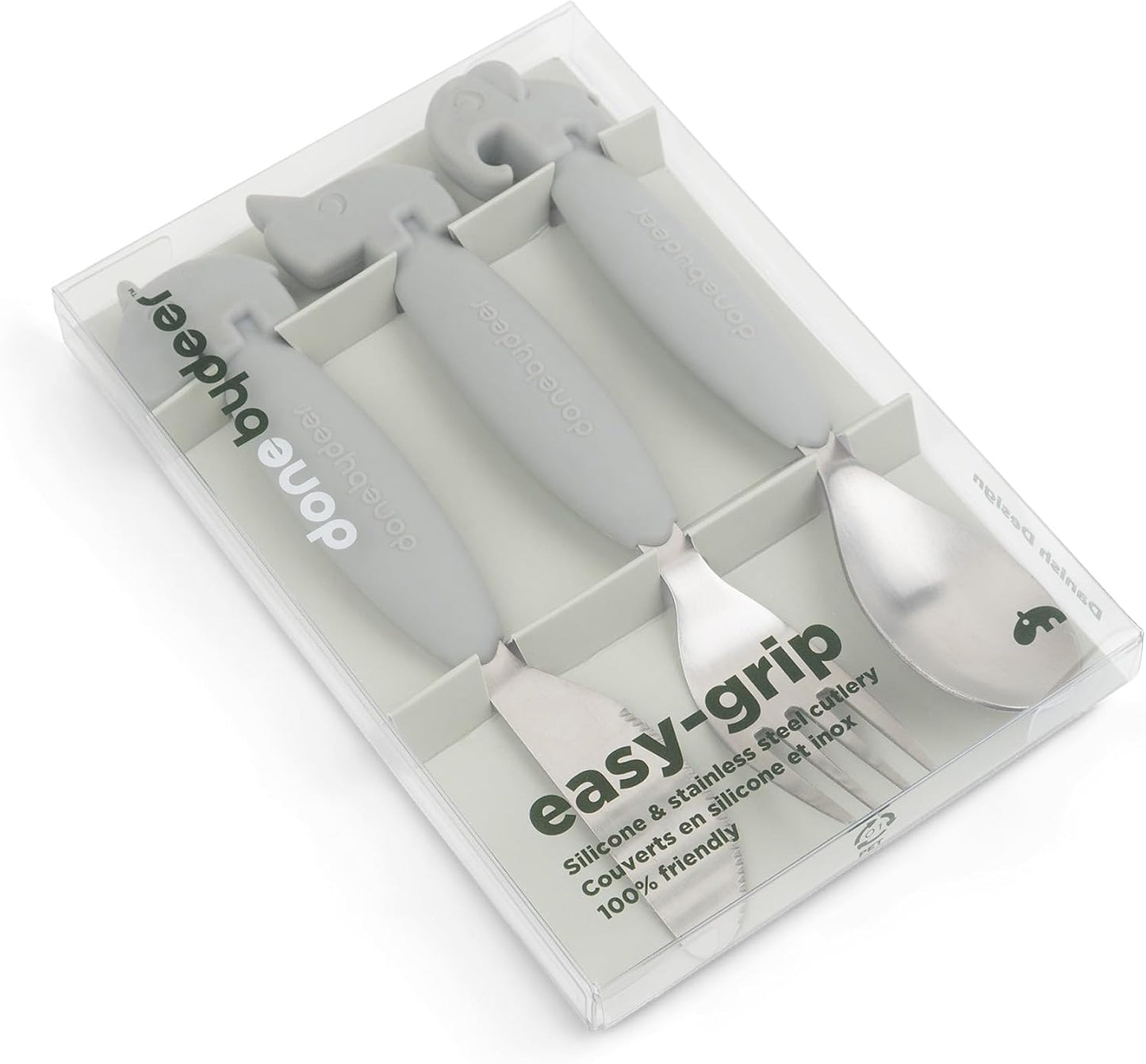 Set cubiertos niños asas antiderrap silicona caja regalo