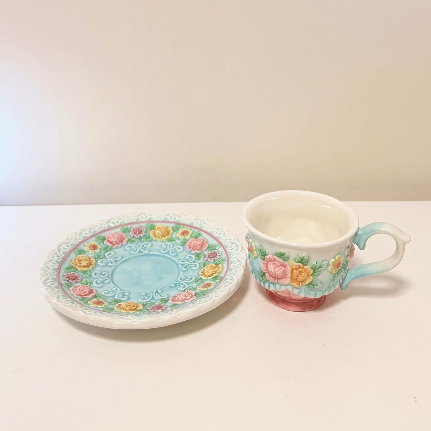 Set taza café y platillo cerámica pintada a mano 3oz