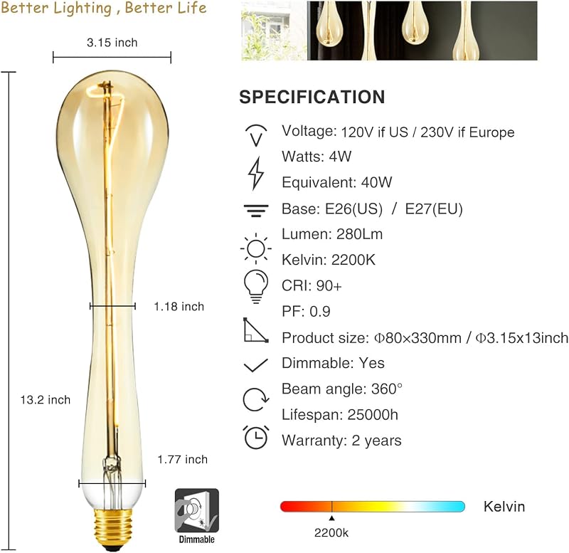 Bombillas LED Edison E26 ámbar 4W blanco cálido regulables