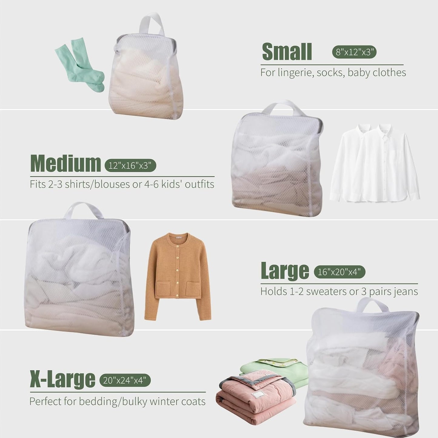 4 Bolsas Lavandería Malla 3D con Asas Cremallera