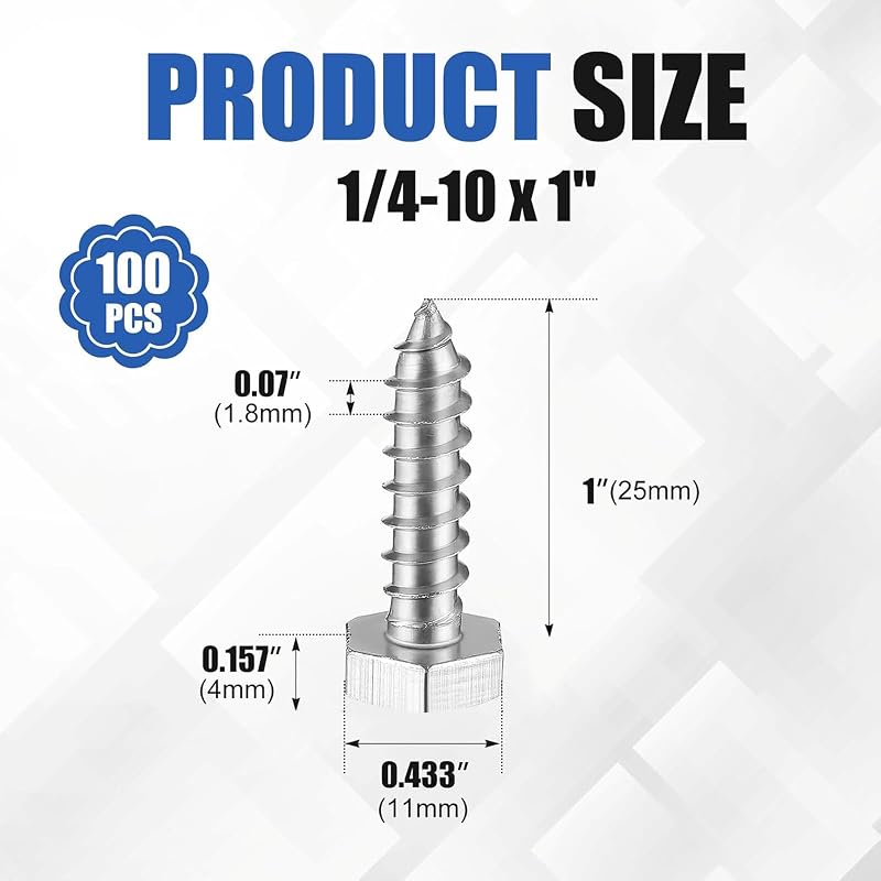 100 Pzas Tornillos Tirafondo Hex 1/4x1 Acero Inox 304