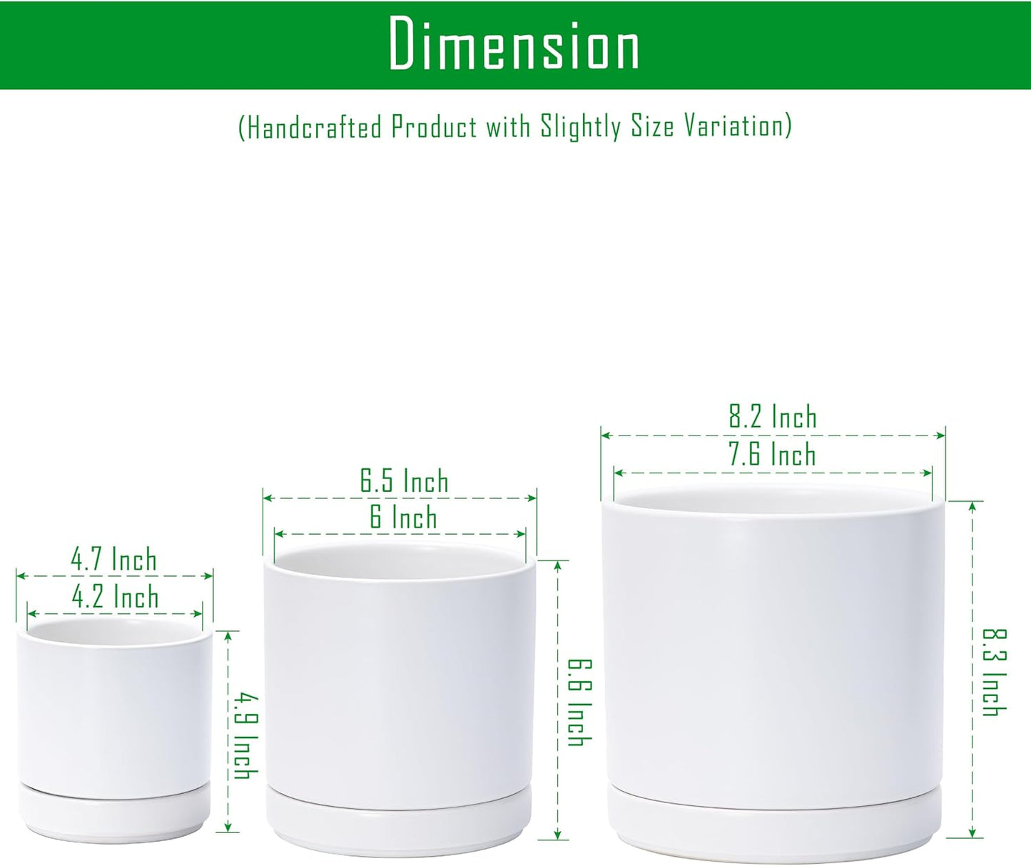 Set 3 Macetas Cerámica 4-6-8pulg Orificio Drenaje Platillo Blanco