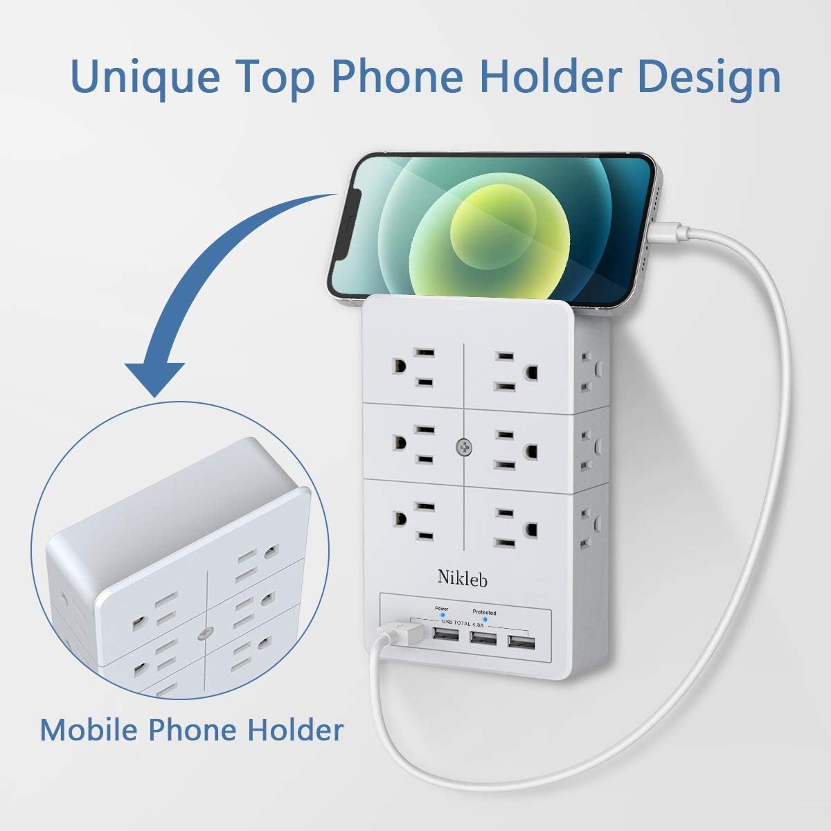 Protector sobretensiones 2 enchufes 4 USB 4.8A pared