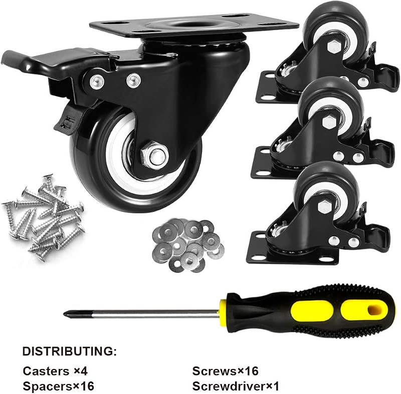 Set 4 ruedas PU 2" sin ruido con freno placa giratoria