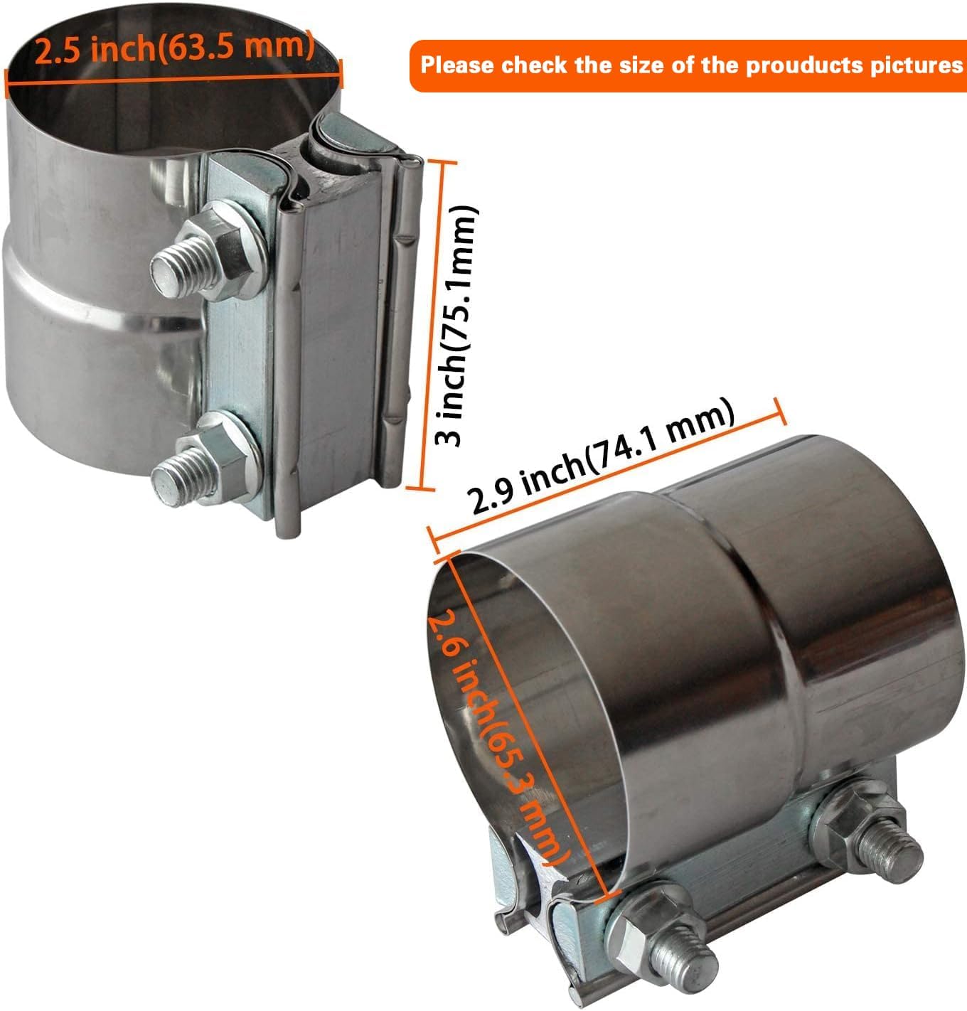 Abrazadera escape 2.5" junta acero inox 2 pzas