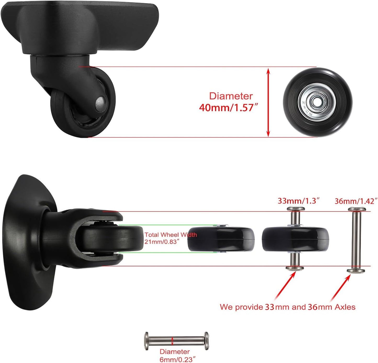 4 Ruedas repuesto para maleta 1.575x0.709" kit 32MM 35MM
