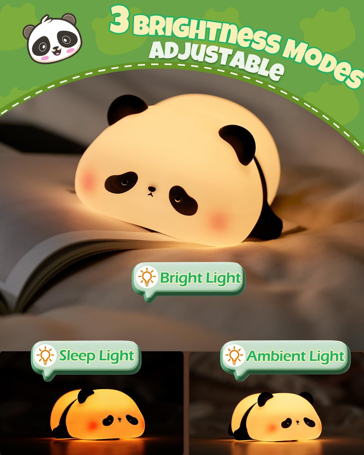 Luz nocturna panda silicona recargable atenuable 3 niveles