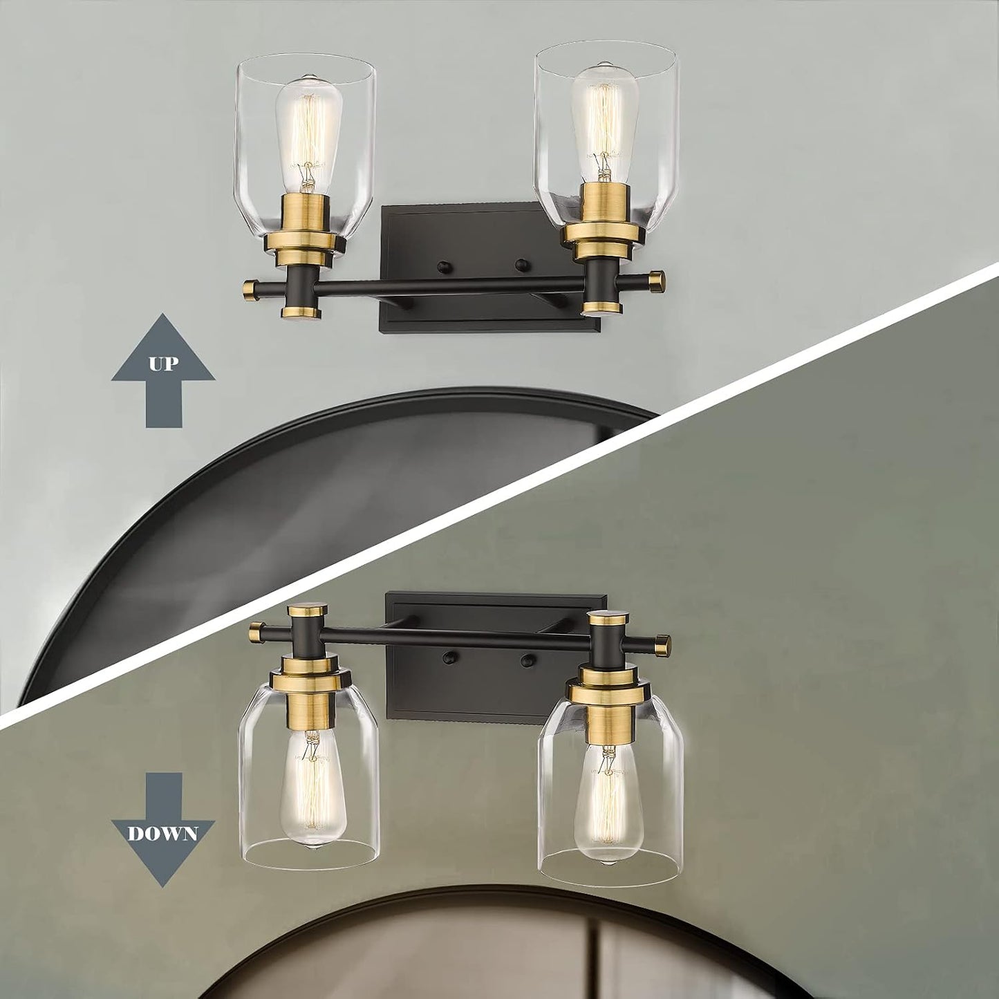 Lámpara baño 2 luces aplique negro dorado vidrio