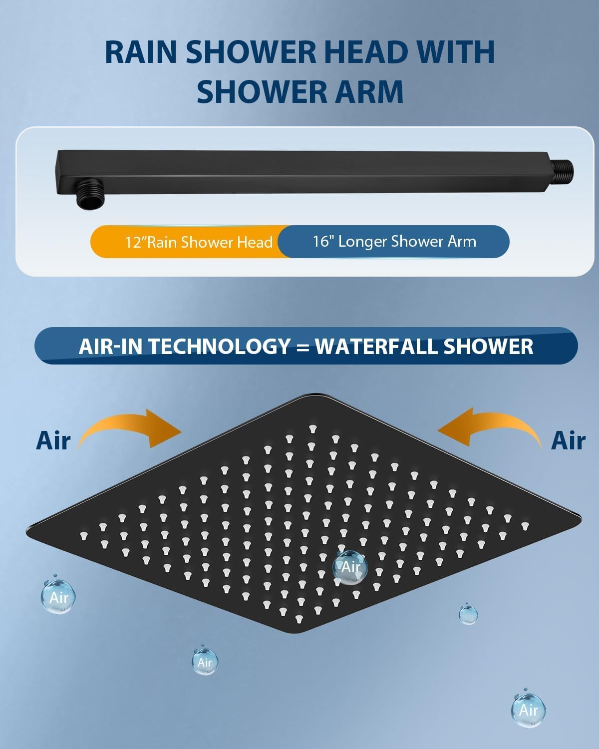 Cabezal regadera lluvia acero inox 12pulg negro mate