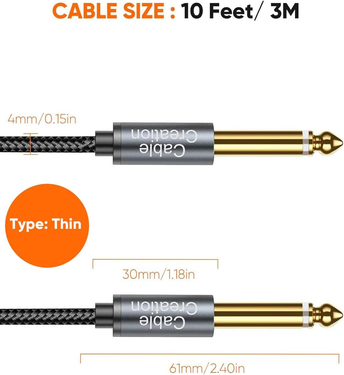 Cable guitarra 1/4 pulg TS recto macho a macho 10 pies