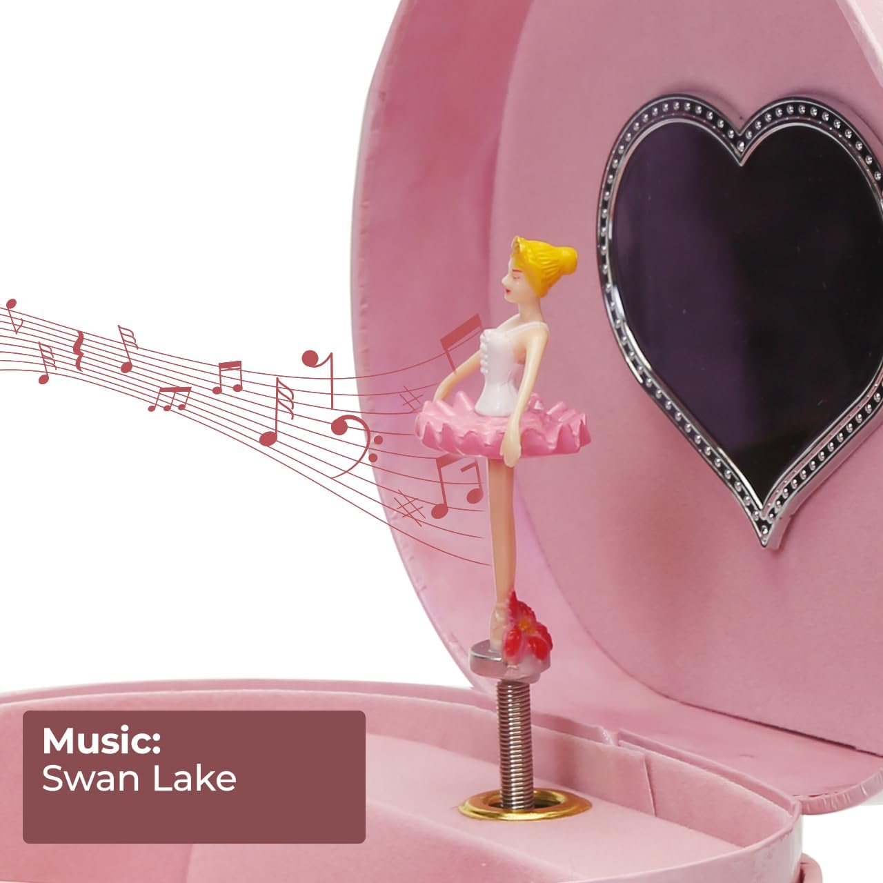 Joyero musical bailarina corazón gira lago cisnes