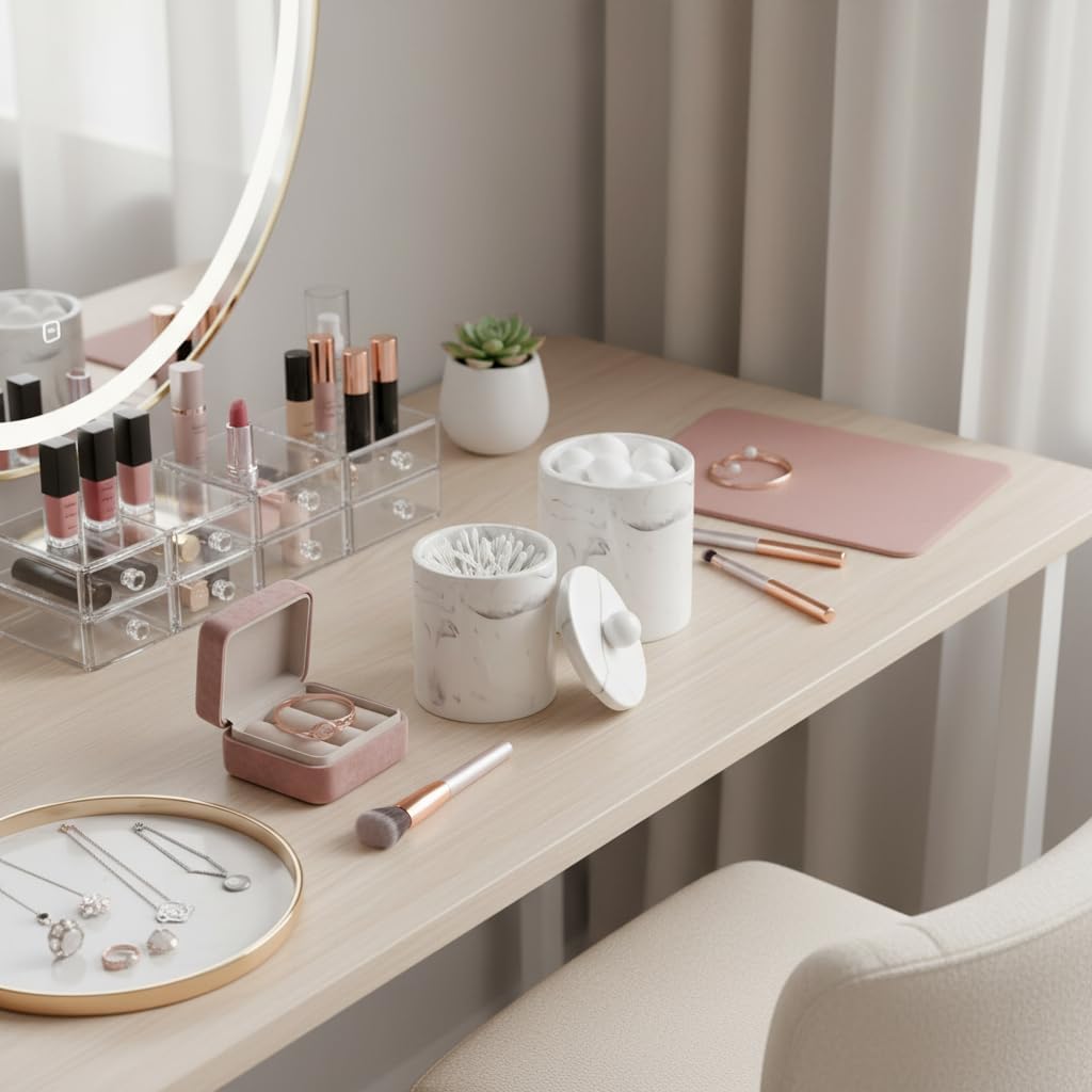Dispensador soporte QTip baño con tapa recipiente cosméticos