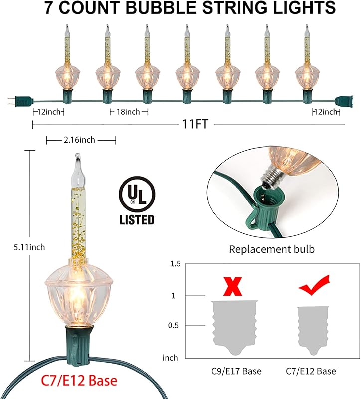2 Set luces doradas burbujas Navidad 11" 7 bombillas cert UL