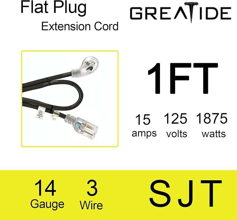 Cable extensión iluminado 14/3 1pie 3 clavijas negro perfil bajo UL