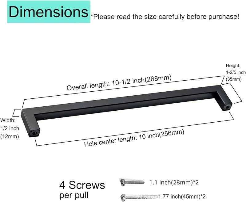 10 Manijas Acero Inox 10" Negro Mate para Gabinetes