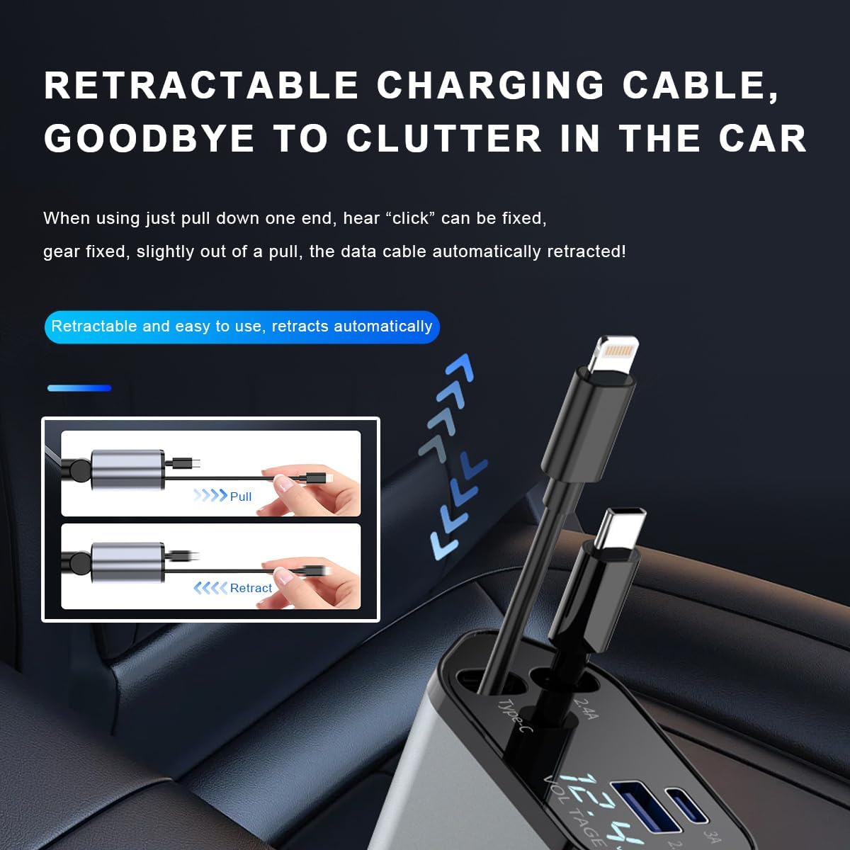 Cargador coche 4en1 120W USB-C/A doble cable