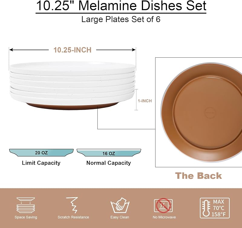 6 Pzas Platos Melamina 10.25pulg Blanco y Marrón