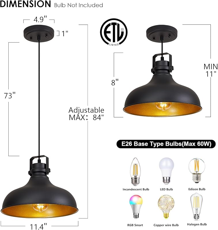 Luces colgantes negras isla cocina ajustable 3 pack