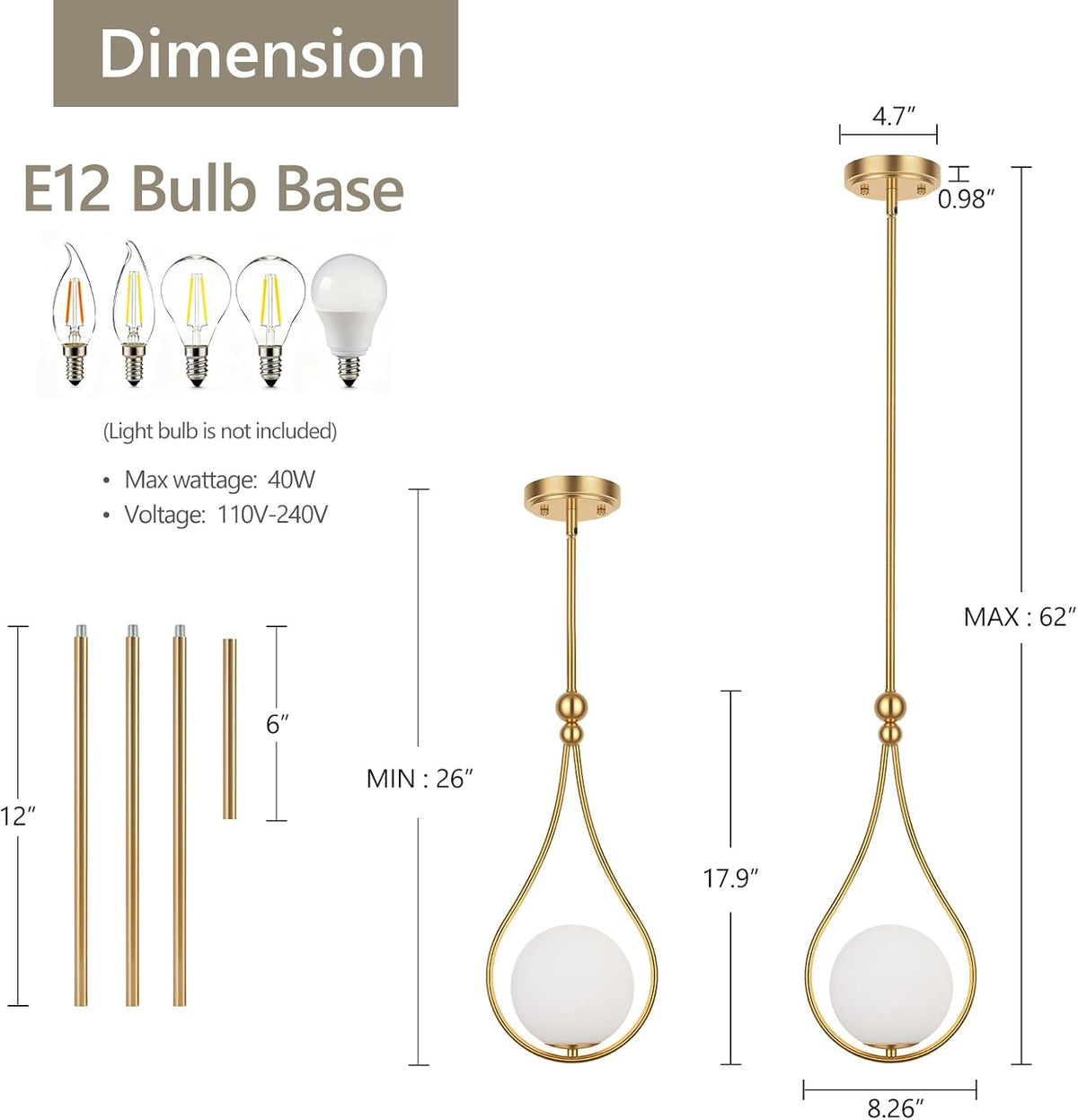 Luces colgantes doradas globo cristal blanco cocina comedor 1 pack