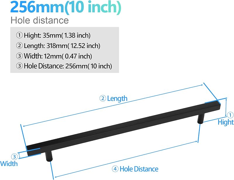 10 Tiradores Acero Inox 10" Negro Mate para Cajones