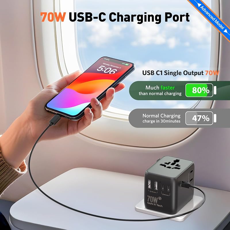 Adaptador viaje universal 70 W con 1 AC y 2 Type-A 3 Type-C