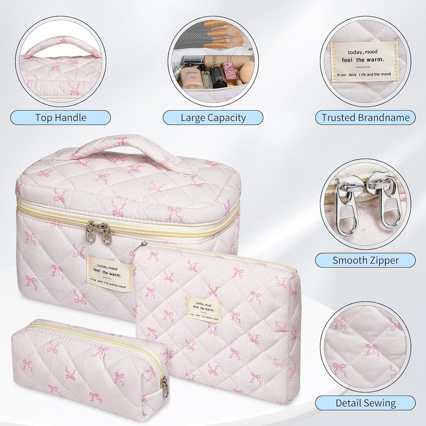 Bolsa maquillaje floral set 3 acolchadas algodón coquette