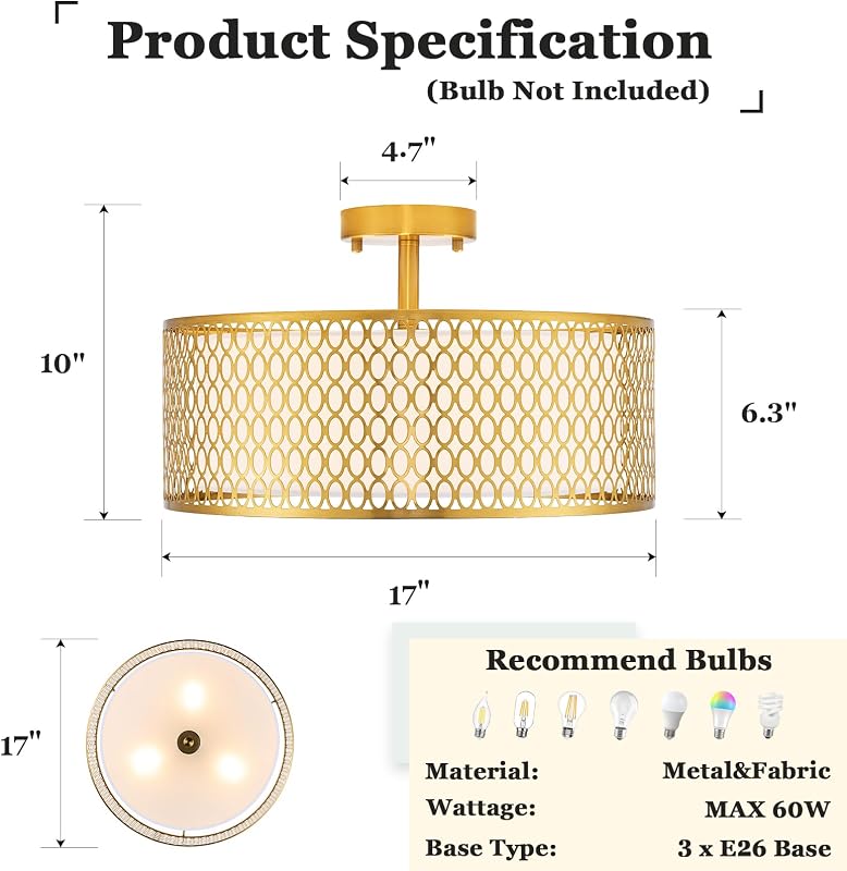 Lámpara techo 17pulg 3 luces dorada tela jaula hierro