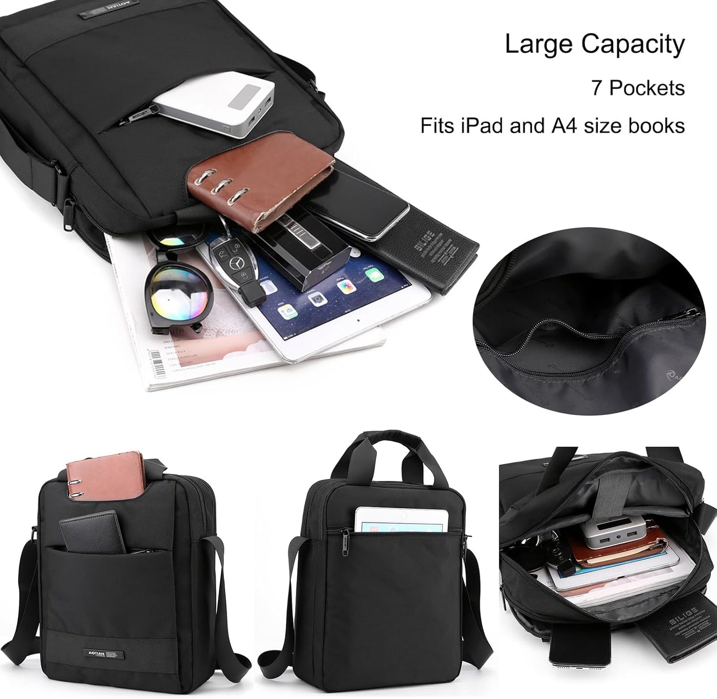 Bolso bandolera A4 para hombre negro impermeable