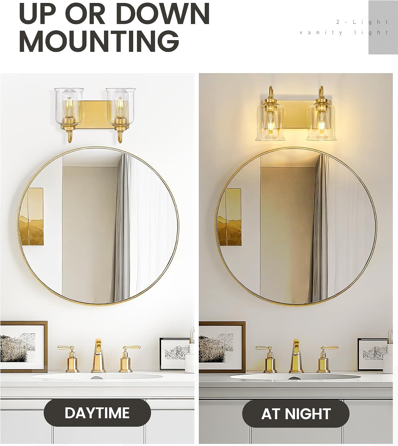 Aplique de pared 2 luces dorado para baño con pantalla