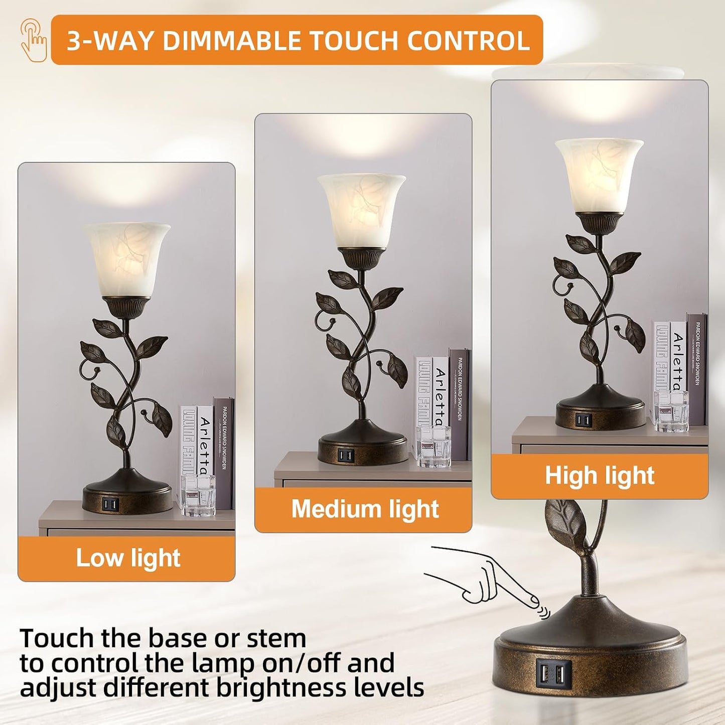 Lámpara mesa táctil vintage 3 niveles USB dormitorio