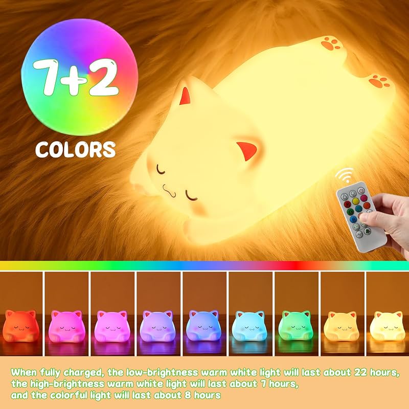 Luz nocturna blanda para niños gatos regulable colorida
