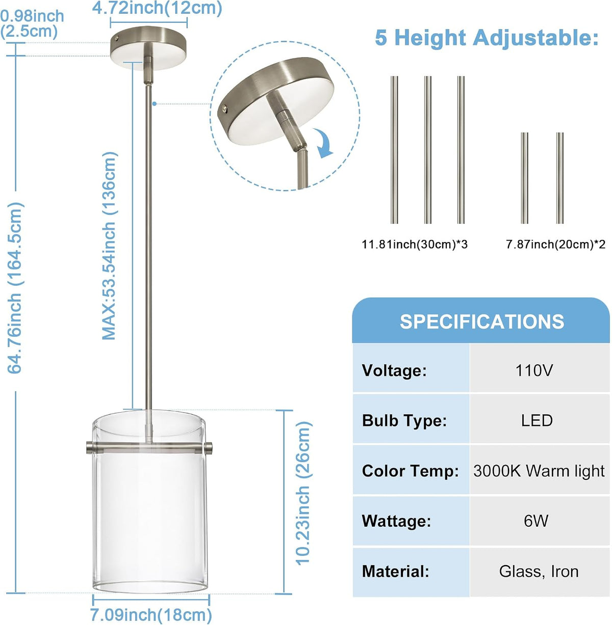 Luces colgantes isla cocina pantalla vidrio 10.2pulg LED ajustable