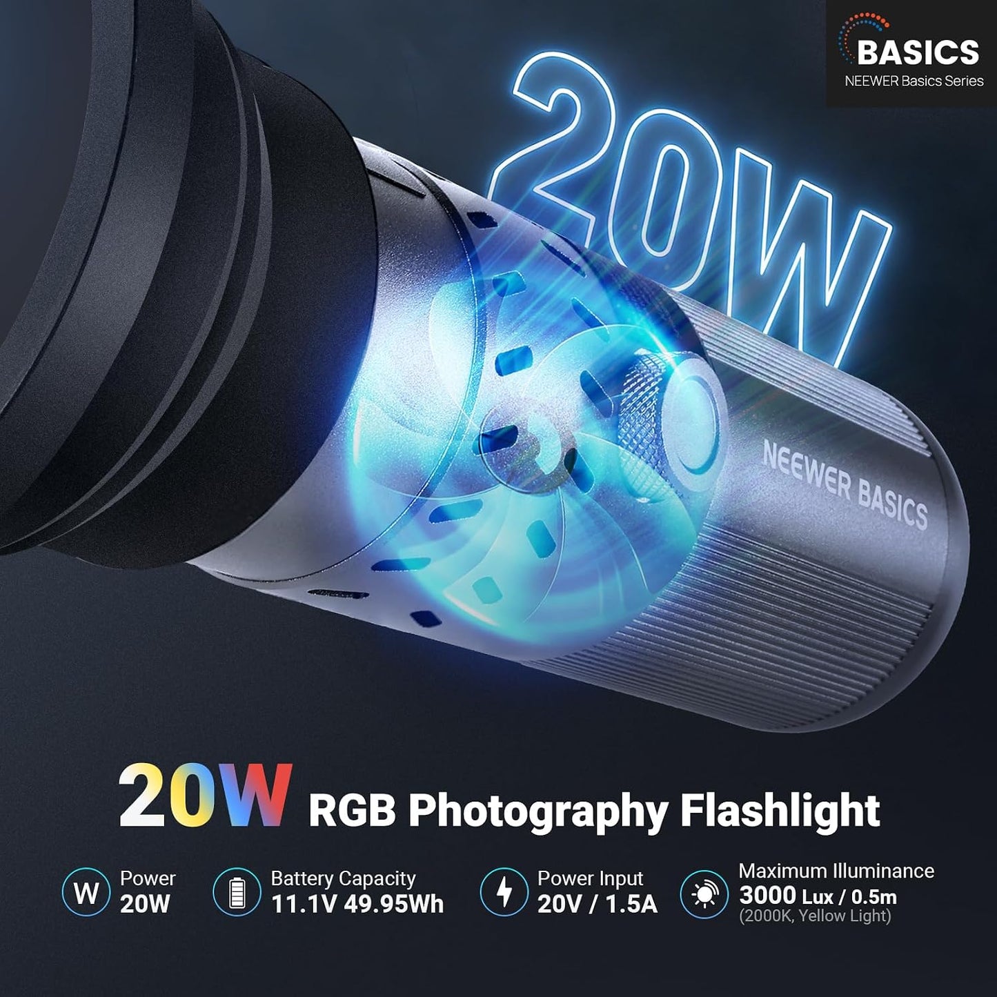 Linterna RGB 20W con 20 filtros Gobo y batería 49.95Wh