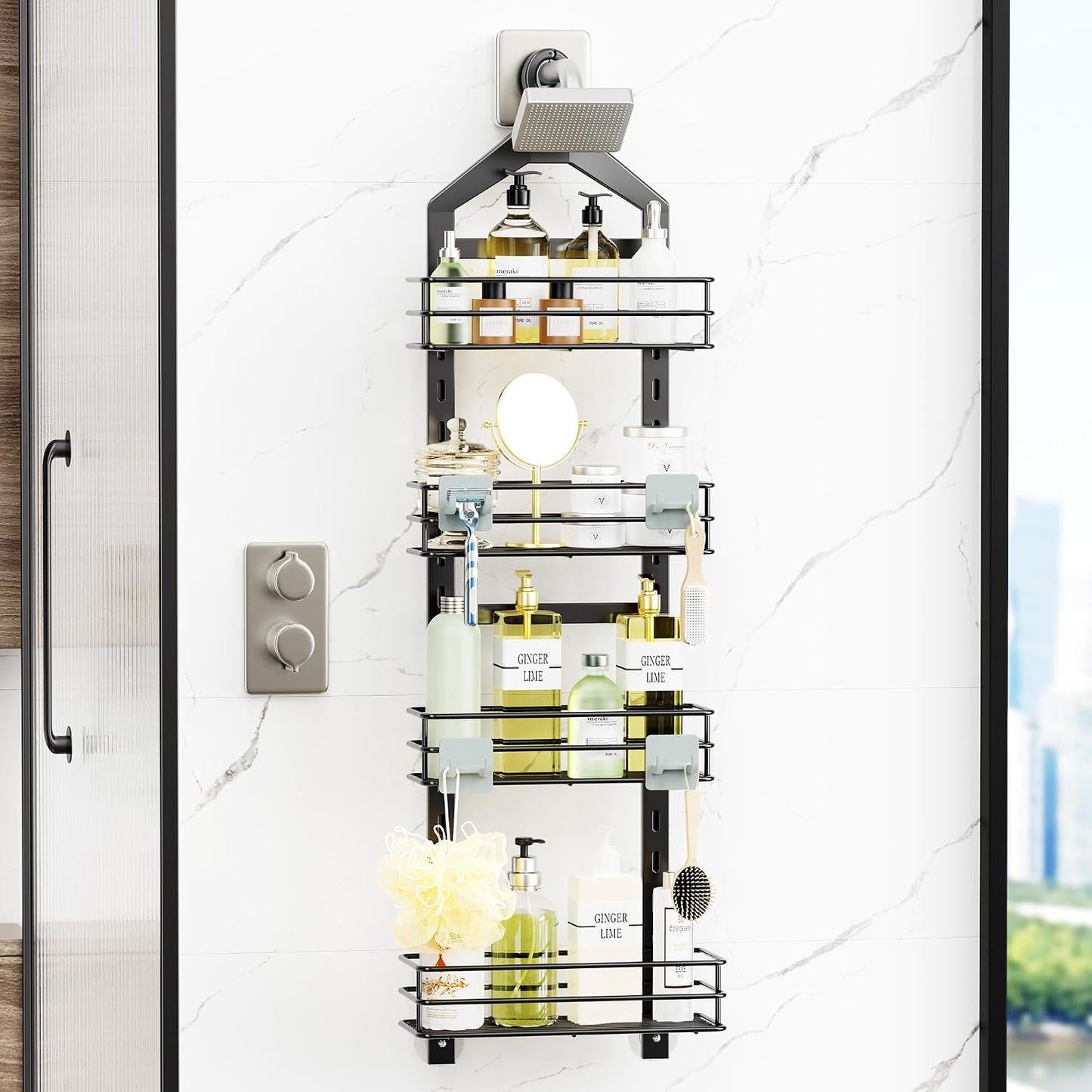 Organizador ducha antideslizante con 4 ganchos y estantes