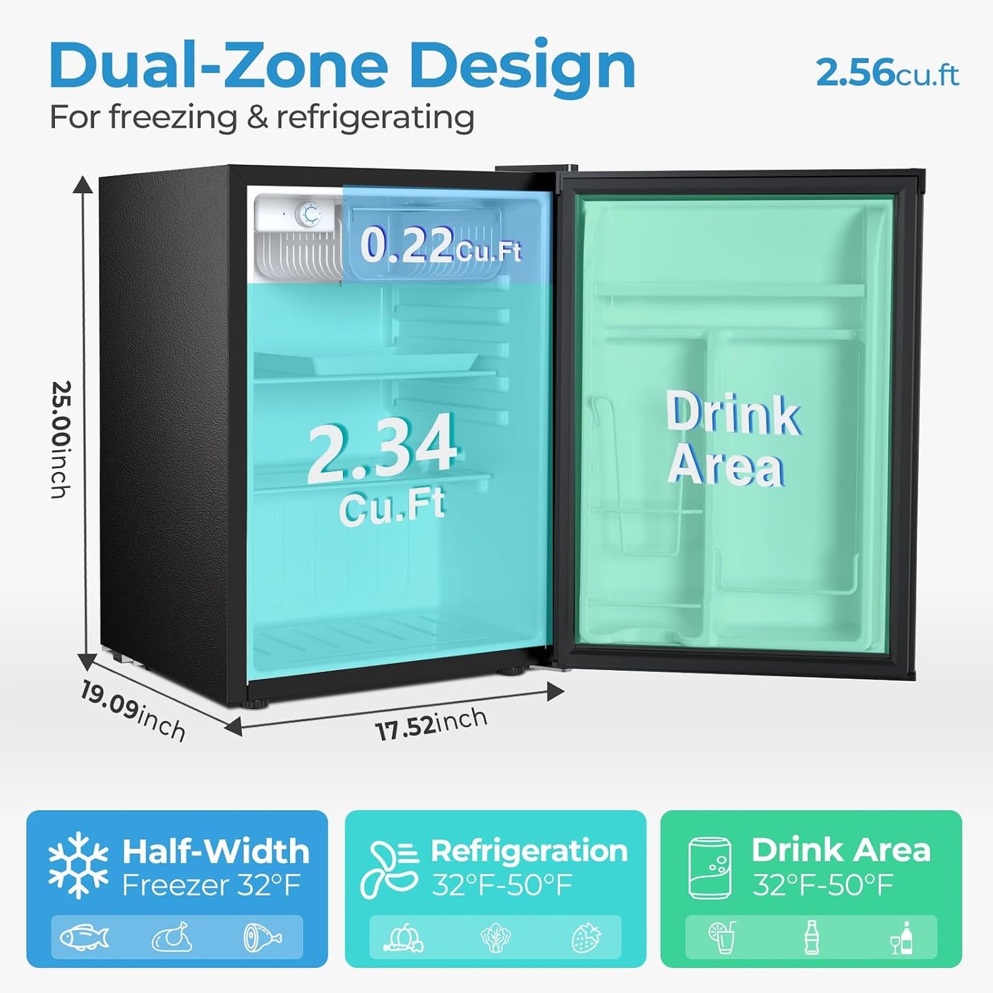 Mini refrigerador 2.56ft³ con congelador termostato