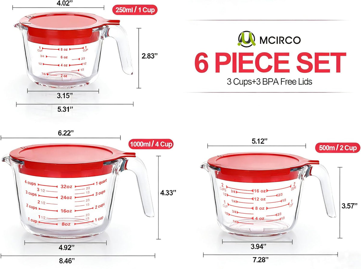 6 Tazas Vidrio Medidoras con Tapas 1-4 Tazas Asa Cocina