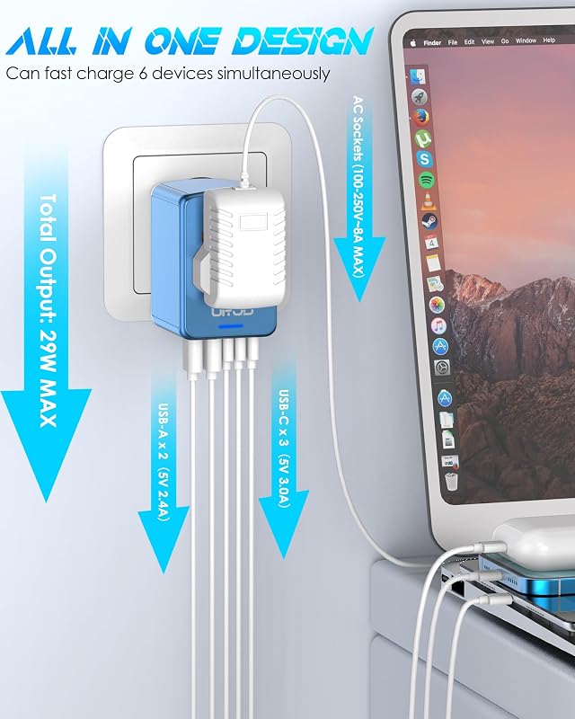 Adaptador viaje universal con USB-C 5.8A y salidas CA