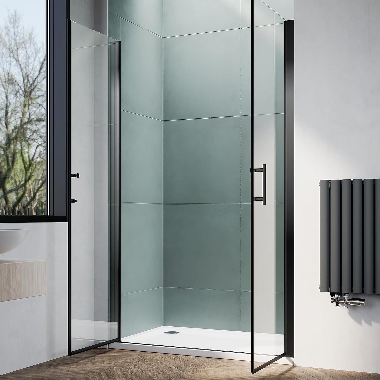 Puerta ducha pivote 44x75pulg vidrio templado 1/4pulg acabado negro