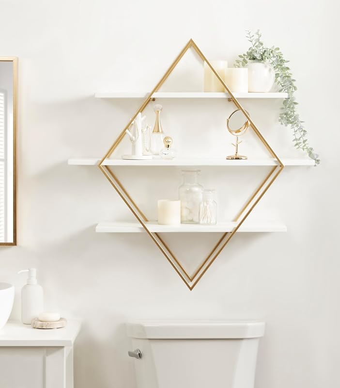 Estante pared madera metal diamantes 31x8x31 blanco dorado