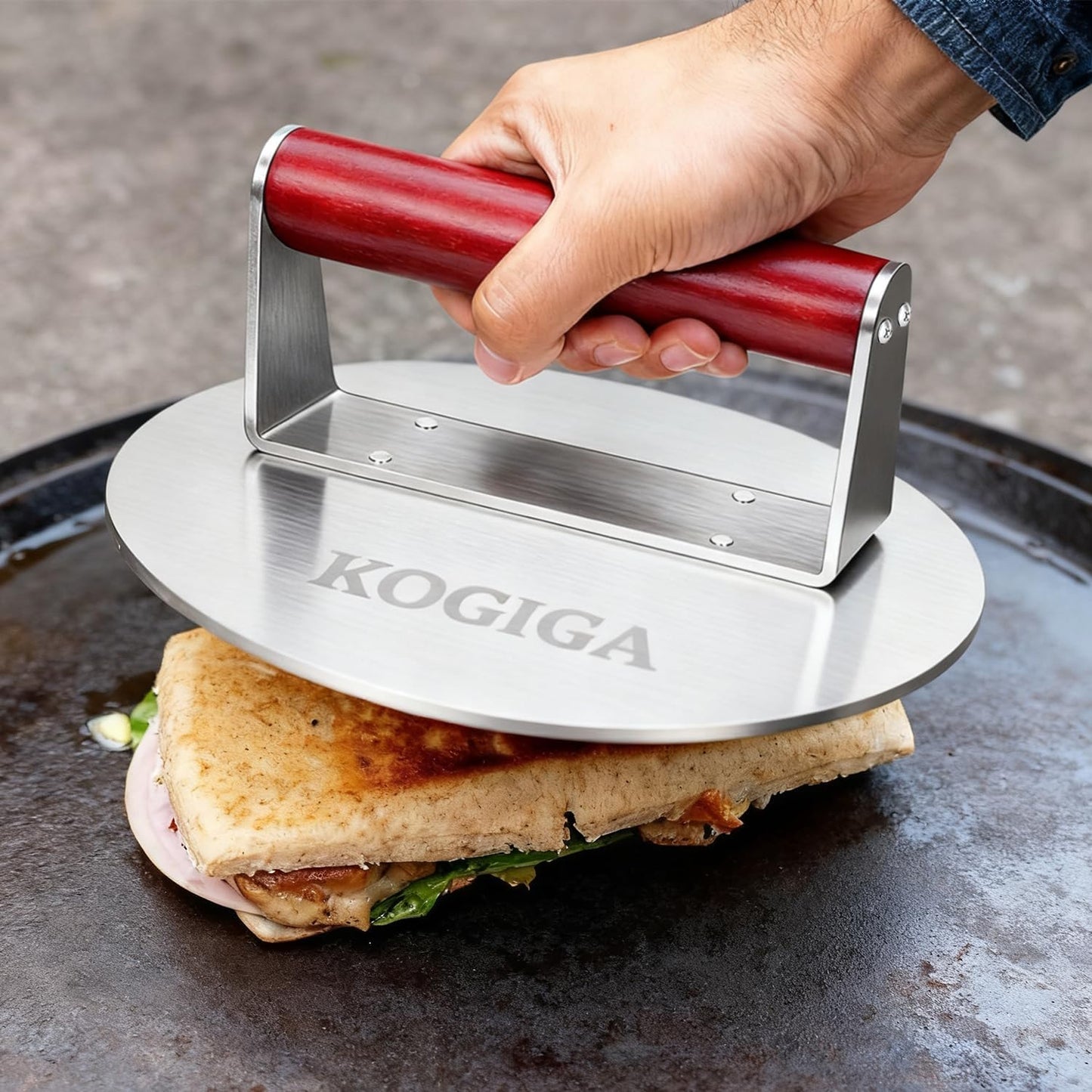 Prensa hamburguesas acero inox 8.5pulg mango madera